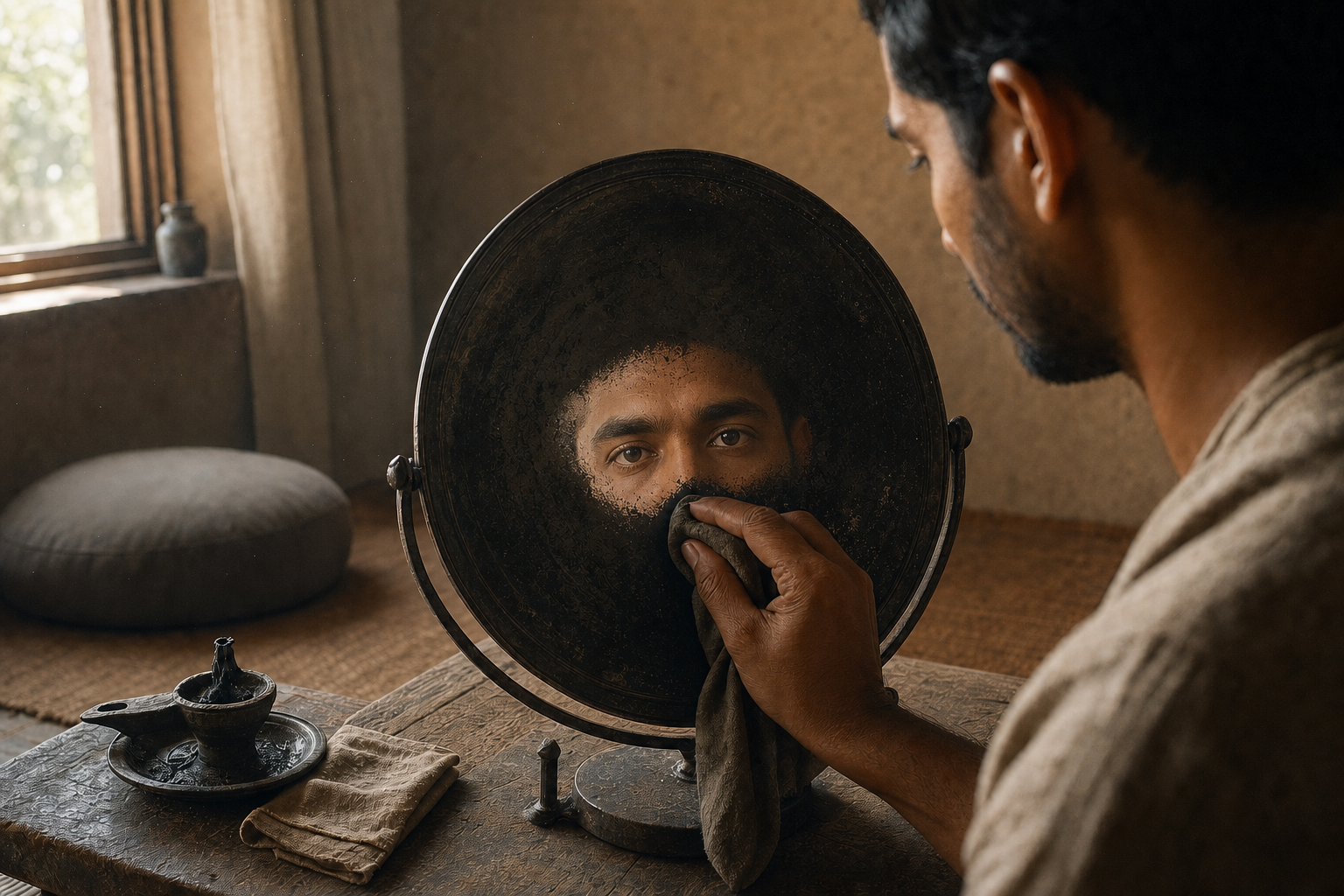 A seated practitioner patiently cleans soot from a metal mirror, revealing a clear reflection of their eyes in one polished area.