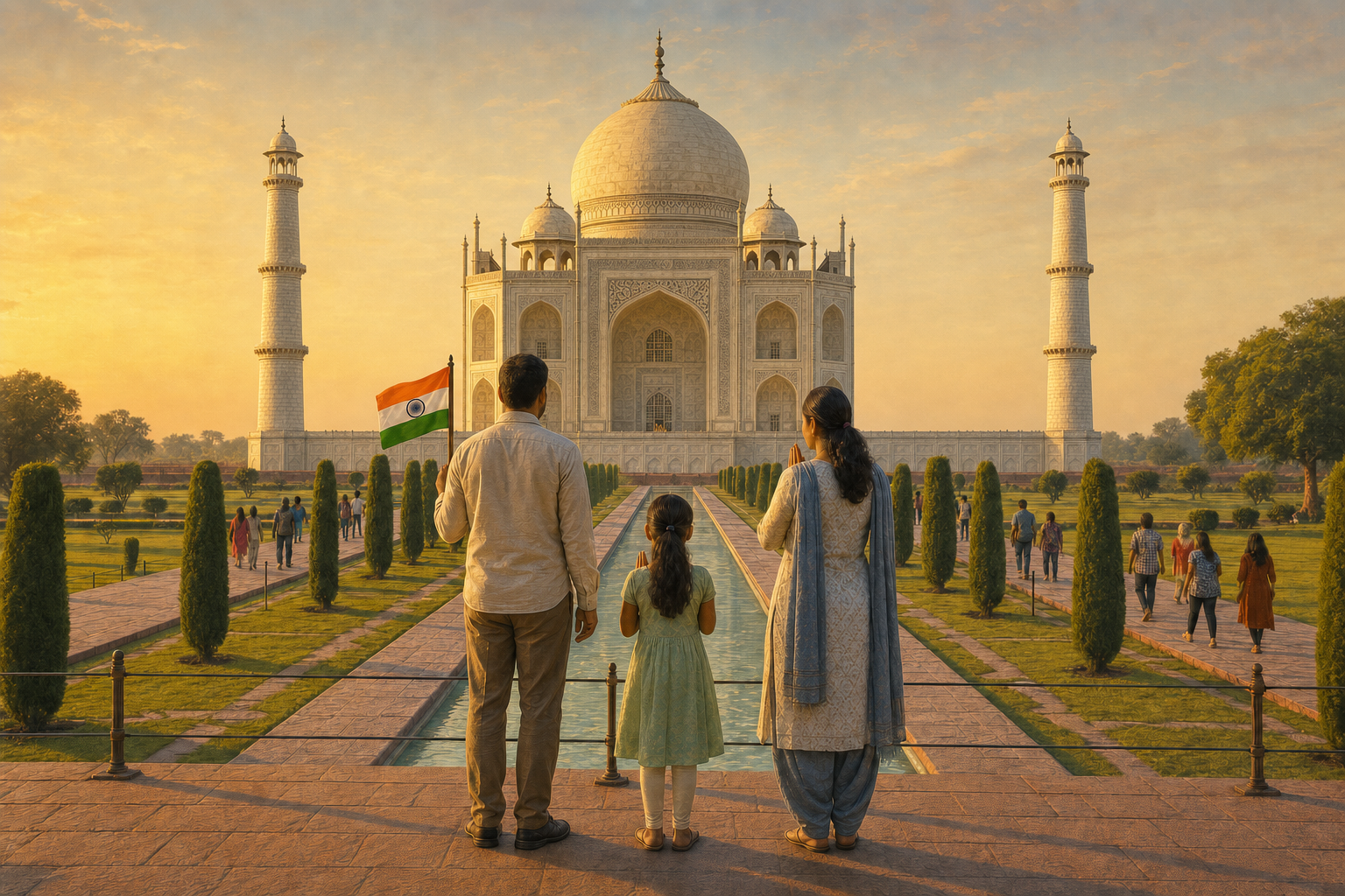 A family respectfully holds a small Indian flag and offers namaste from a designated viewing area facing the Taj Mahal.