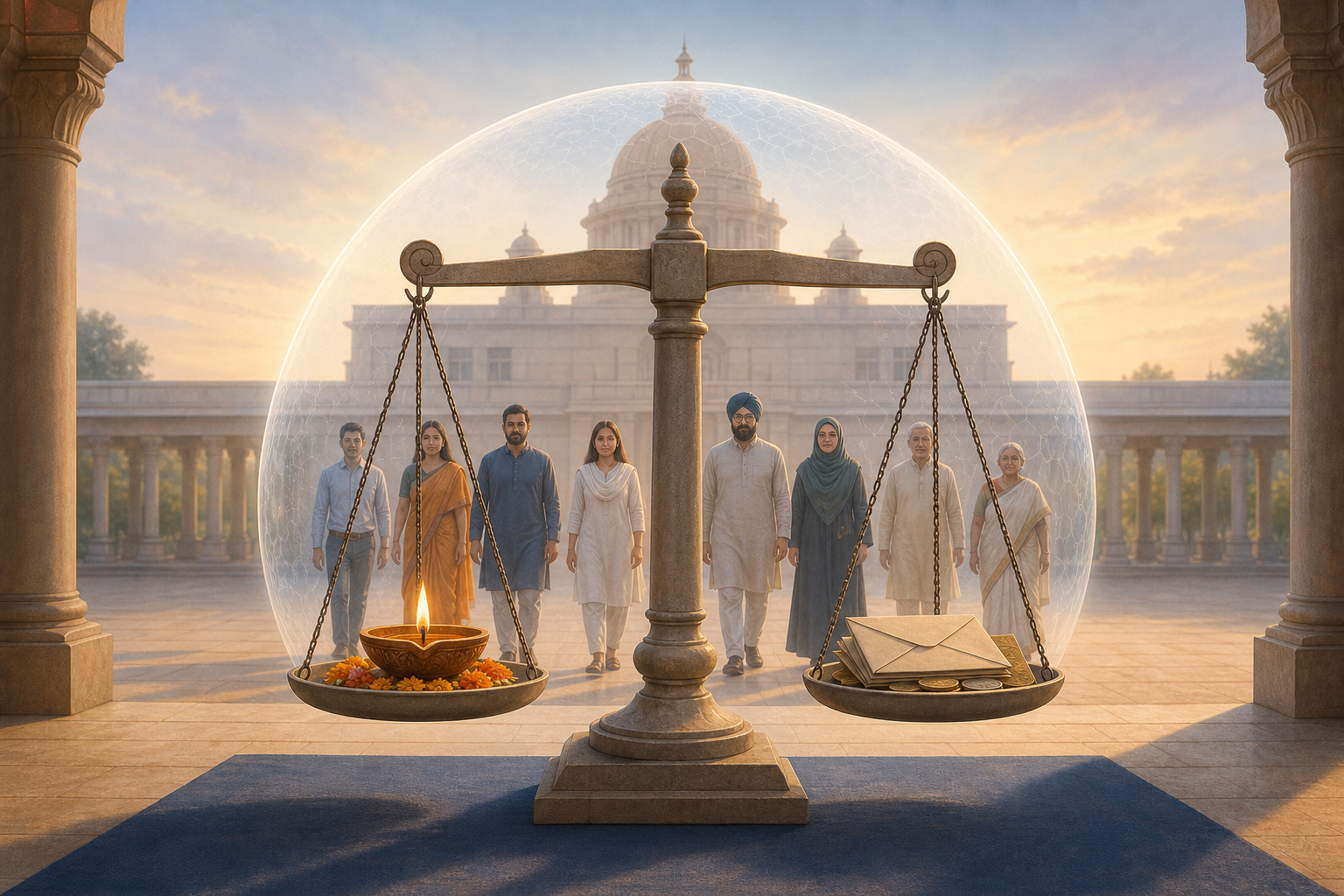A balanced scale holds a ceremonial oil lamp on one side and public grant envelopes and coins on the other in a civic courtyard, with diverse citizens and a government building behind it.