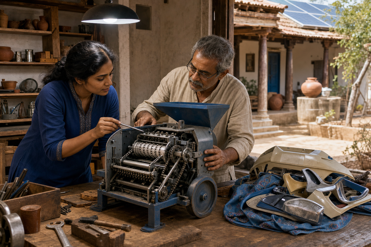 A woman engineer and an older craftsperson inspect an open agricultural machine in a makerspace connected to a shaded Indian courtyard.