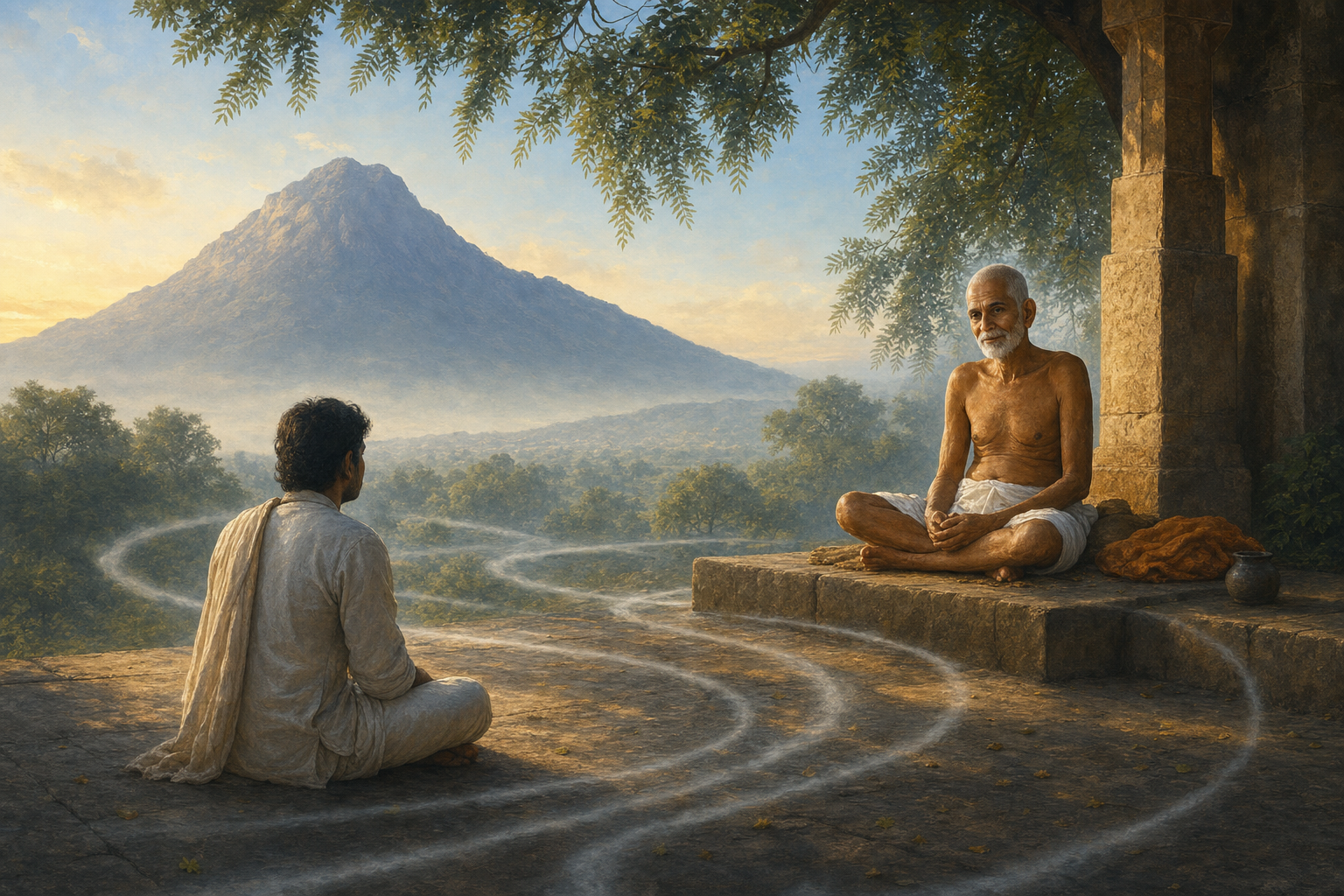 An elderly South Indian sage and a seeker sit on a stone veranda near a mountain as pale rings of mist dissolve in the dawn light.