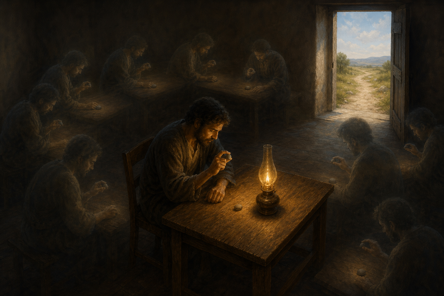 A seeker studies a pebble at a lamp-lit table while faint repeated silhouettes form a circle behind them and an open doorway leads outside.