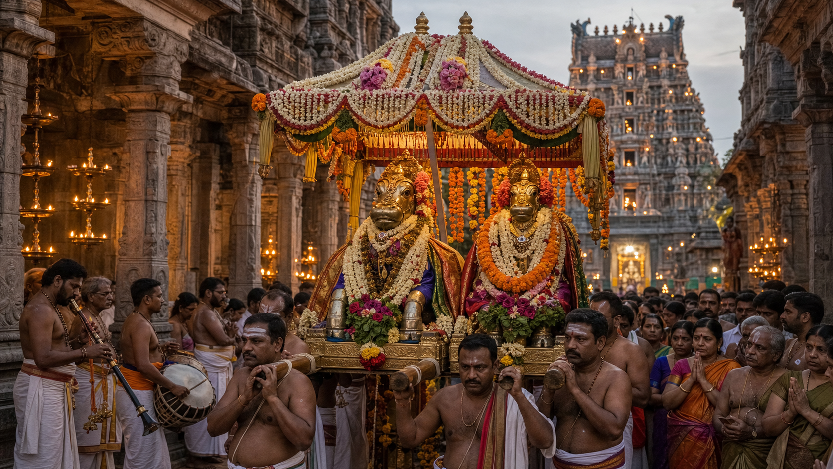 Flower-adorned processional icons of Nandikeshwara and Suyasha move through a South Indian temple courtyard with musicians and praying devotees.