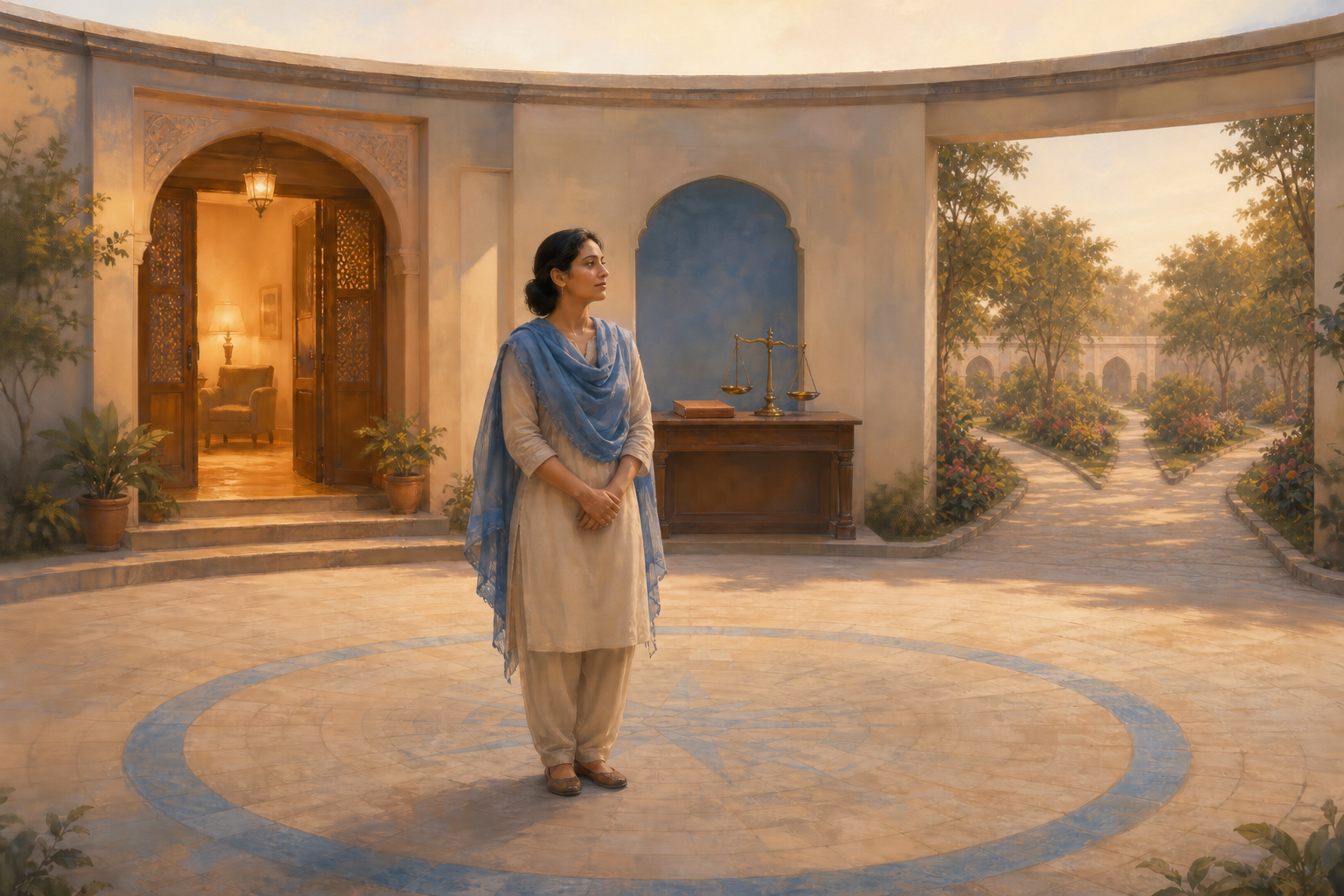 An anonymous woman stands freely in an open courtyard between a sheltered doorway, a desk with balanced scales, and two unobstructed garden paths.
