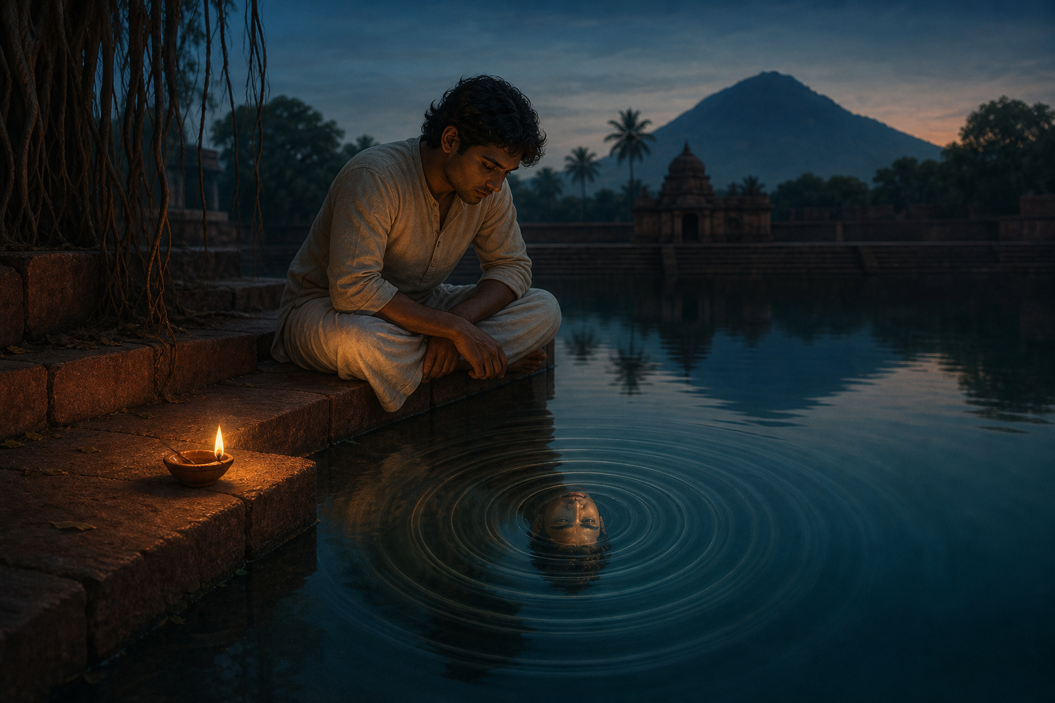 A seated seeker looks into a still temple pond as inward-moving ripples converge around the reflection of their face.
