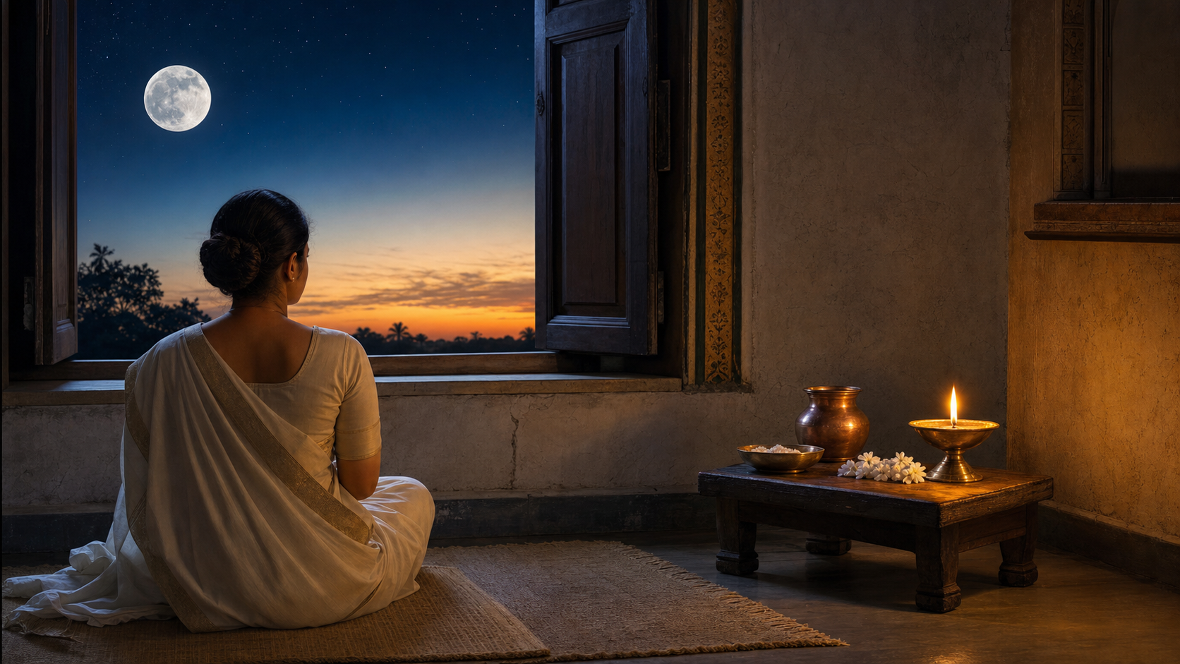 A devotee sits before a lamp-lit home altar at dawn while a nearly full moon sets outside the window.
