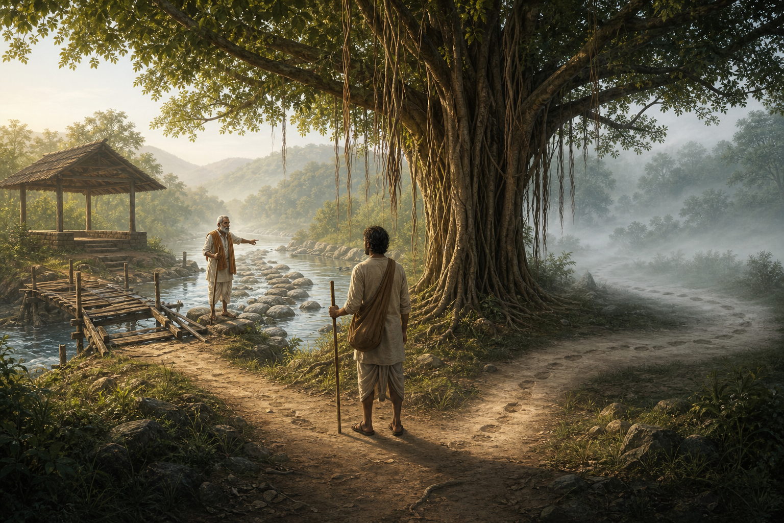 A traveler stands at a fork where one path leads to a guide beside a broken footbridge and the other loops back toward the traveler's footprints.