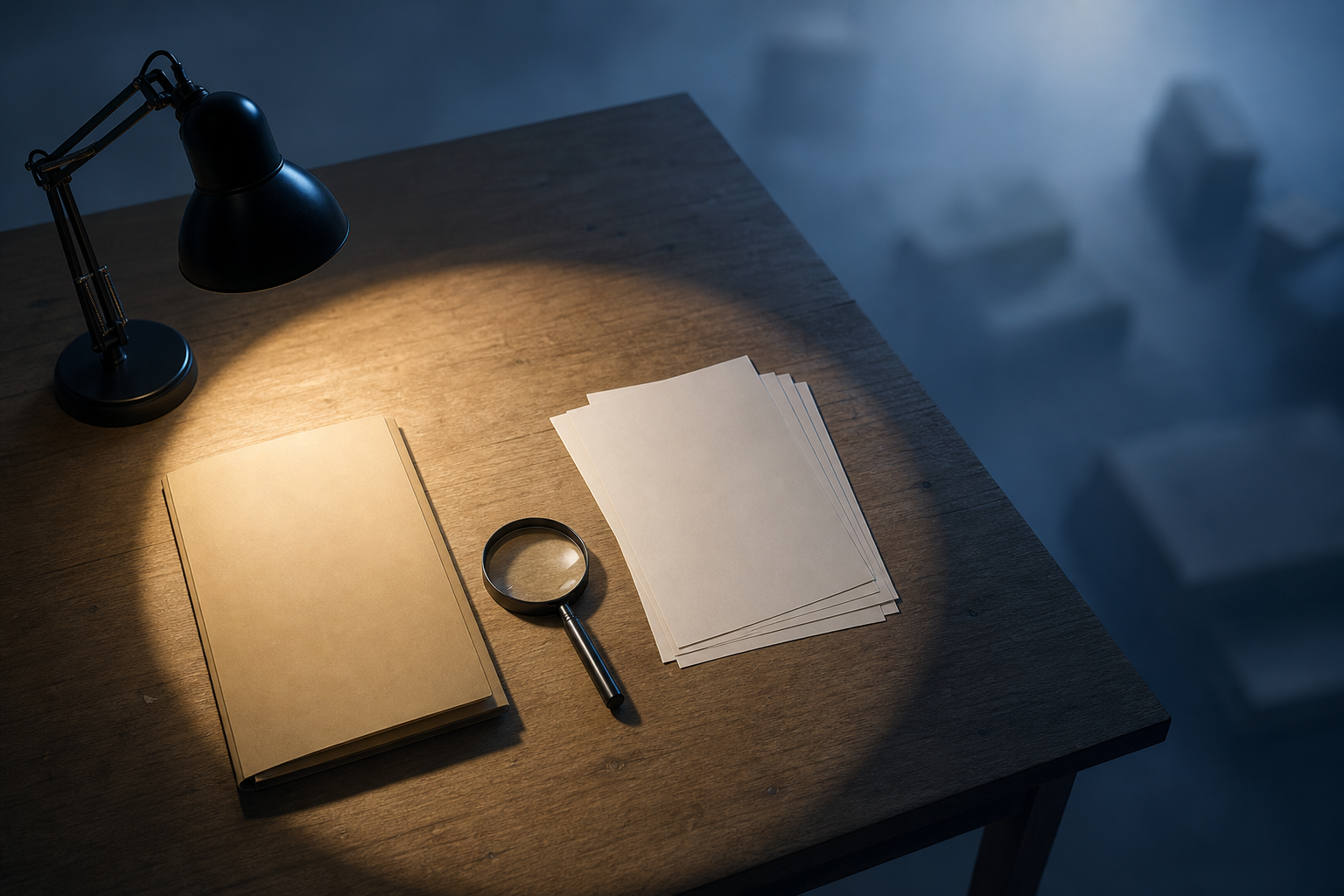 A desk lamp illuminates a closed file, magnifying glass, and blank papers while the far side of the table disappears into haze.