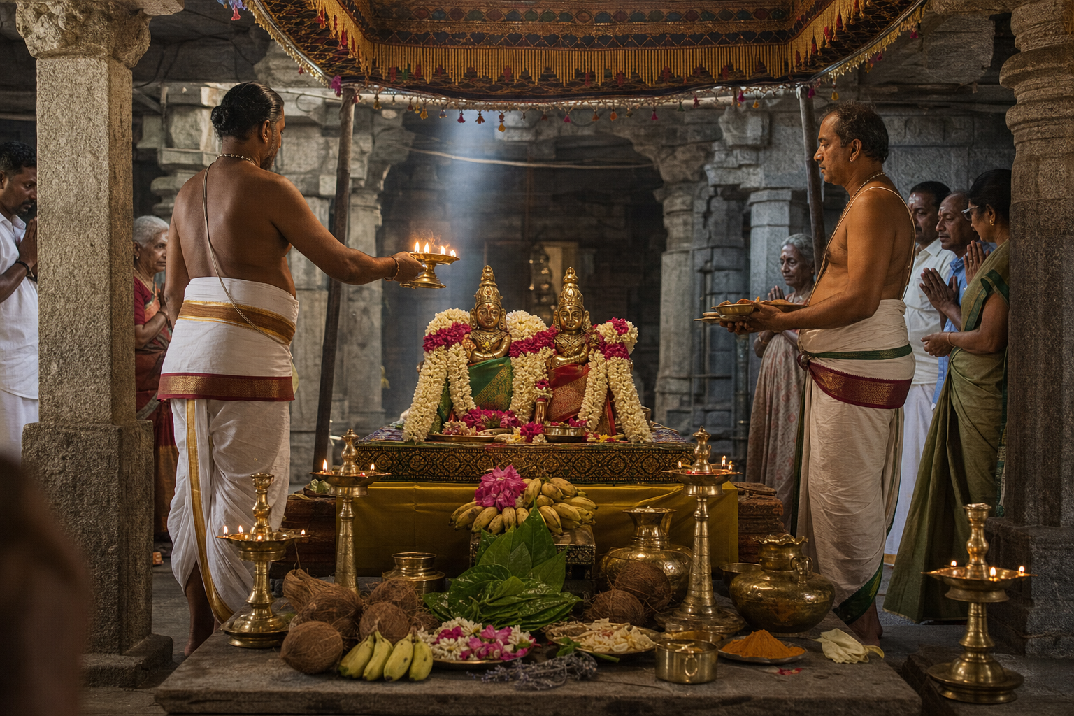 Priests conduct a wedding observance before garlanded festival icons beneath a temple mandapa canopy as devotees pray nearby.