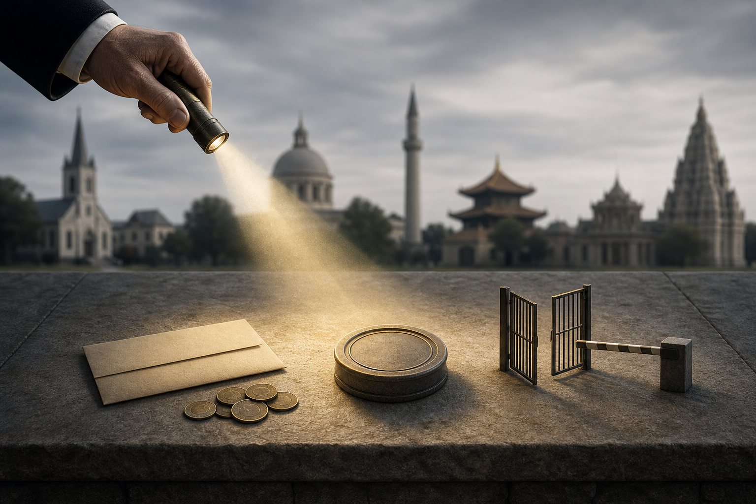An official's hand illuminates a grant envelope, a permit seal, and a controlled gate while several places of worship remain out of focus in the background.