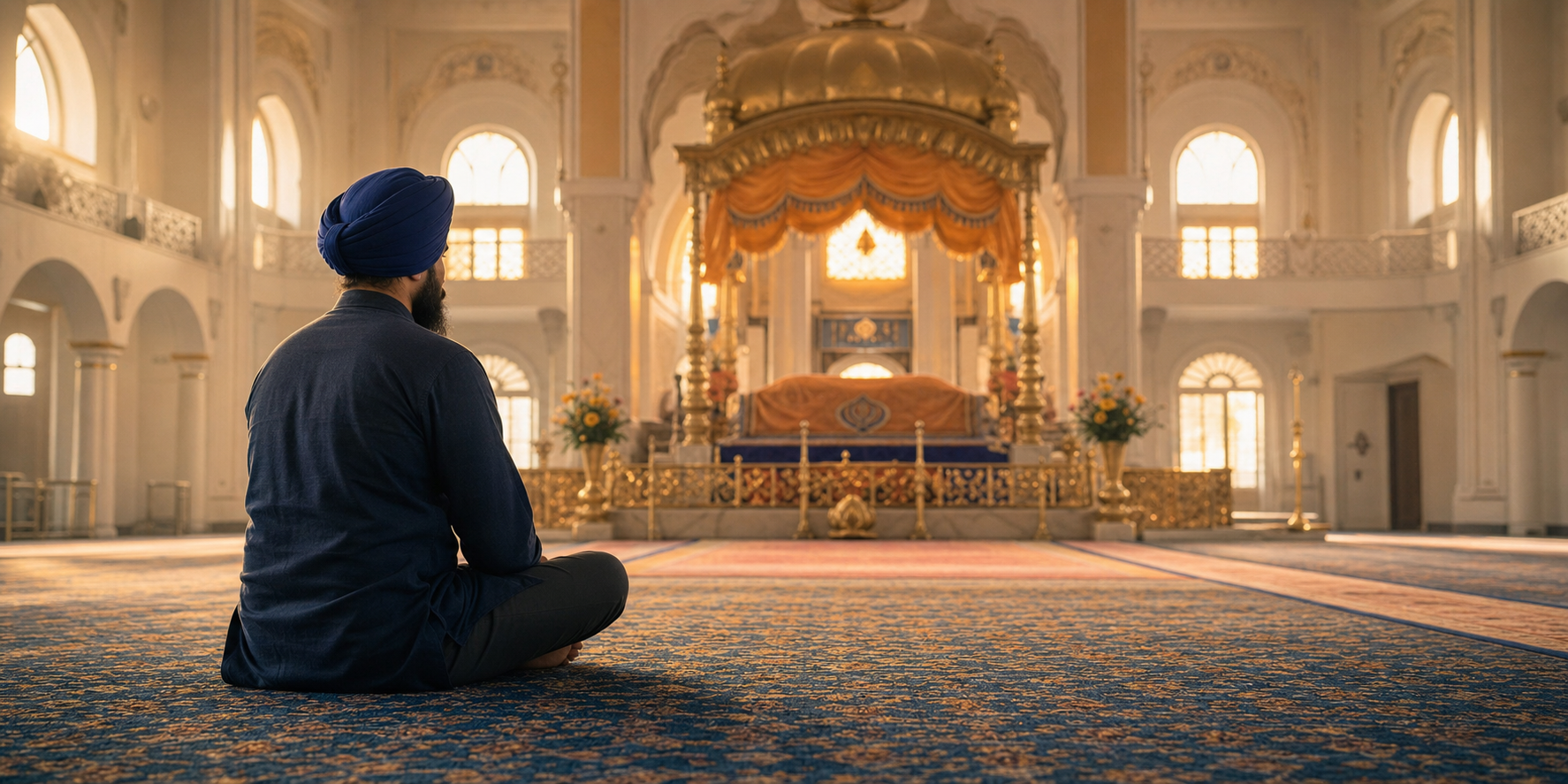 A Sikh adult in a blue turban sits quietly on the carpeted floor of a sunlit gurdwara prayer hall.