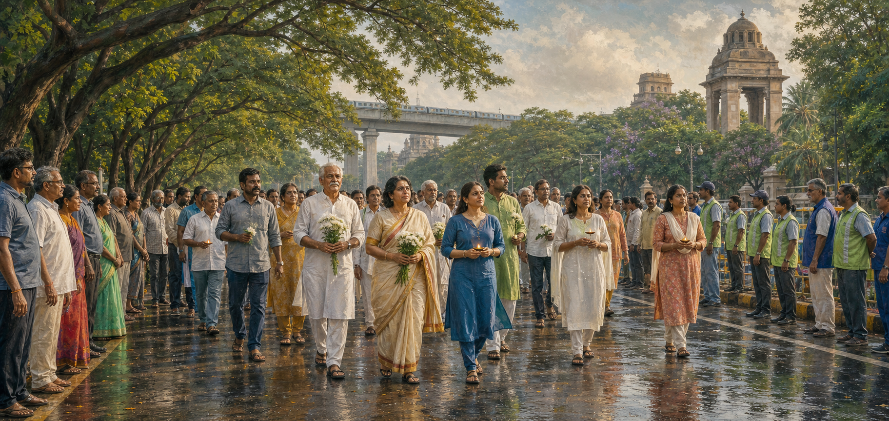 A peaceful mixed-age group of Bengaluru residents walks together beneath rain trees while civic volunteers and police keep a clear safety corridor.