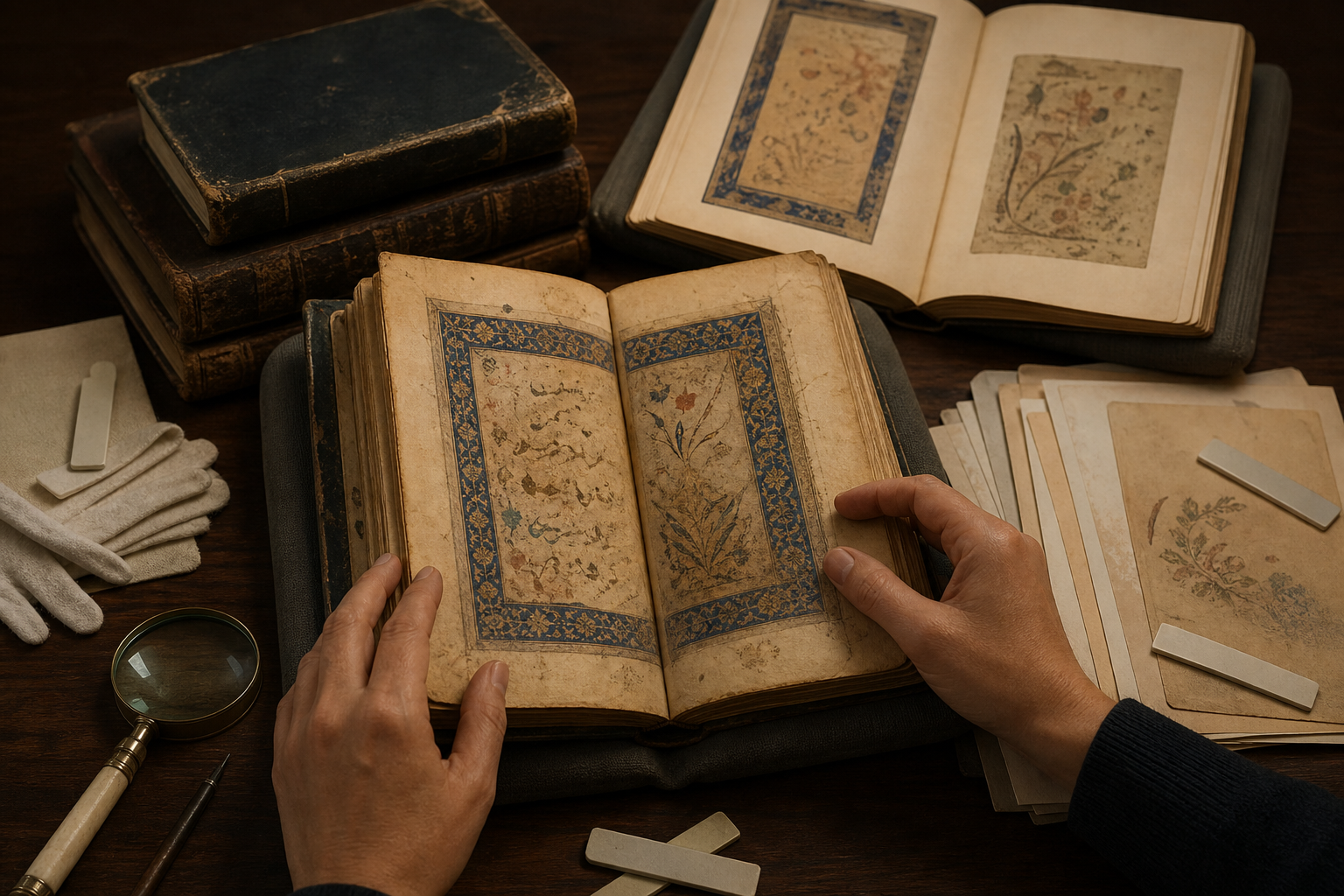 Hands compare an open historical manuscript with bound editions and archival papers on a lamplit research desk.
