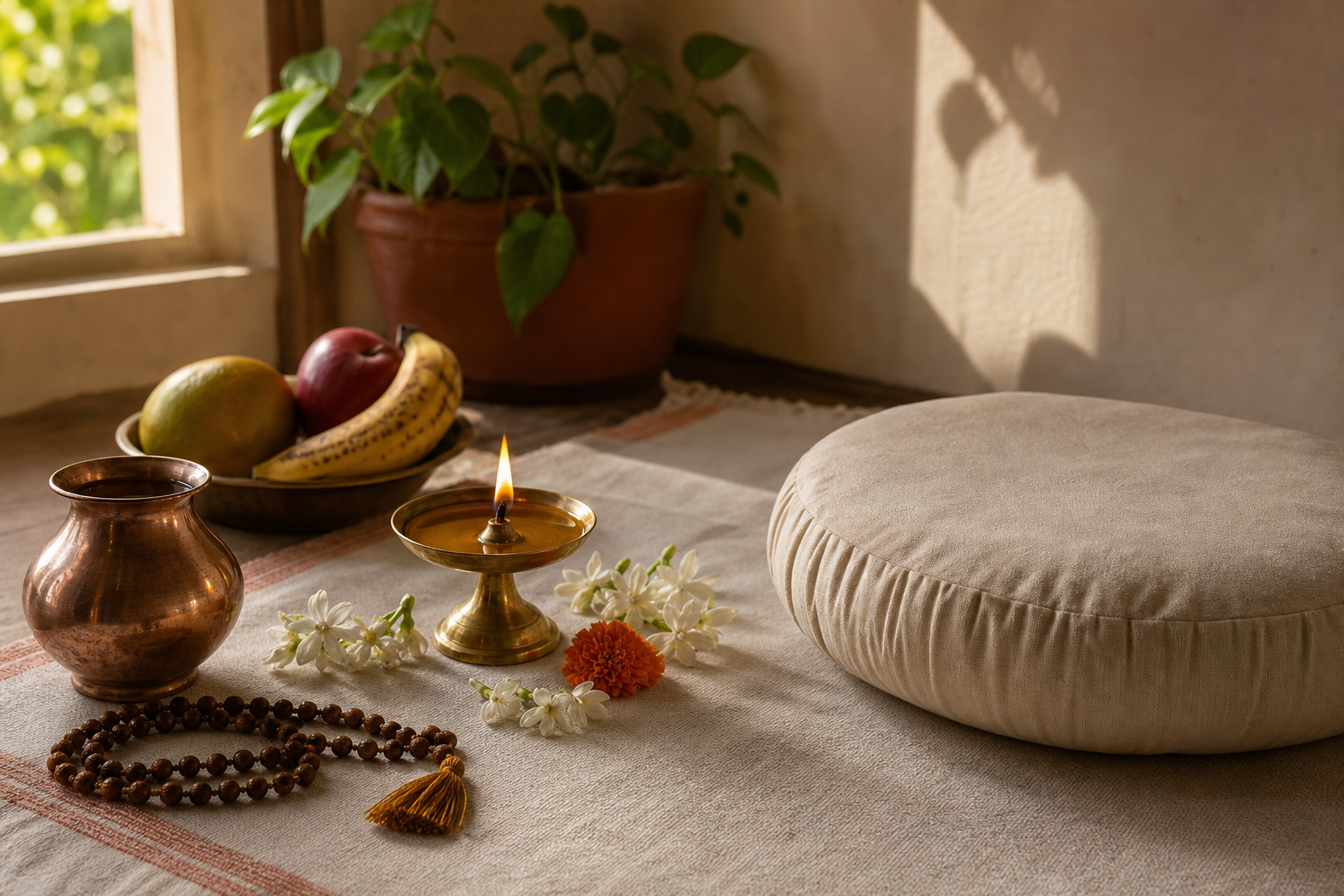 A simple home prayer setting holds a brass oil lamp, water vessel, flowers, fruit, prayer beads, and a meditation cushion.