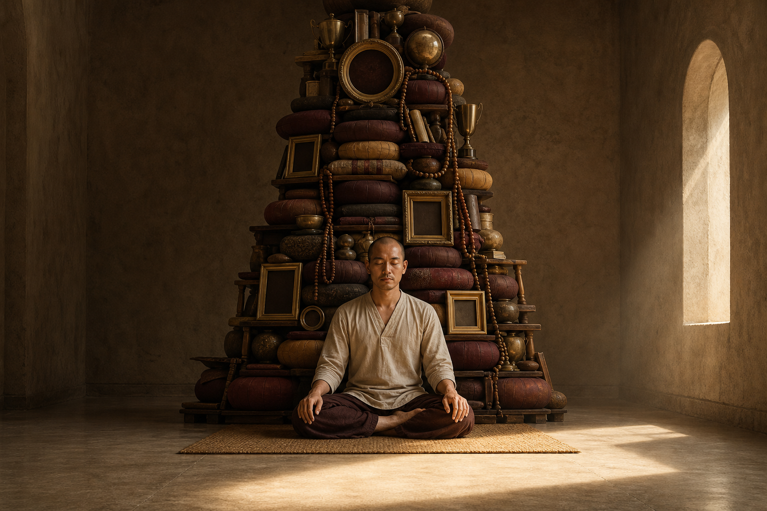 A seeker meditates on a plain mat in front of a tall, precarious stack of cushions, beads, ritual objects, and empty frames.