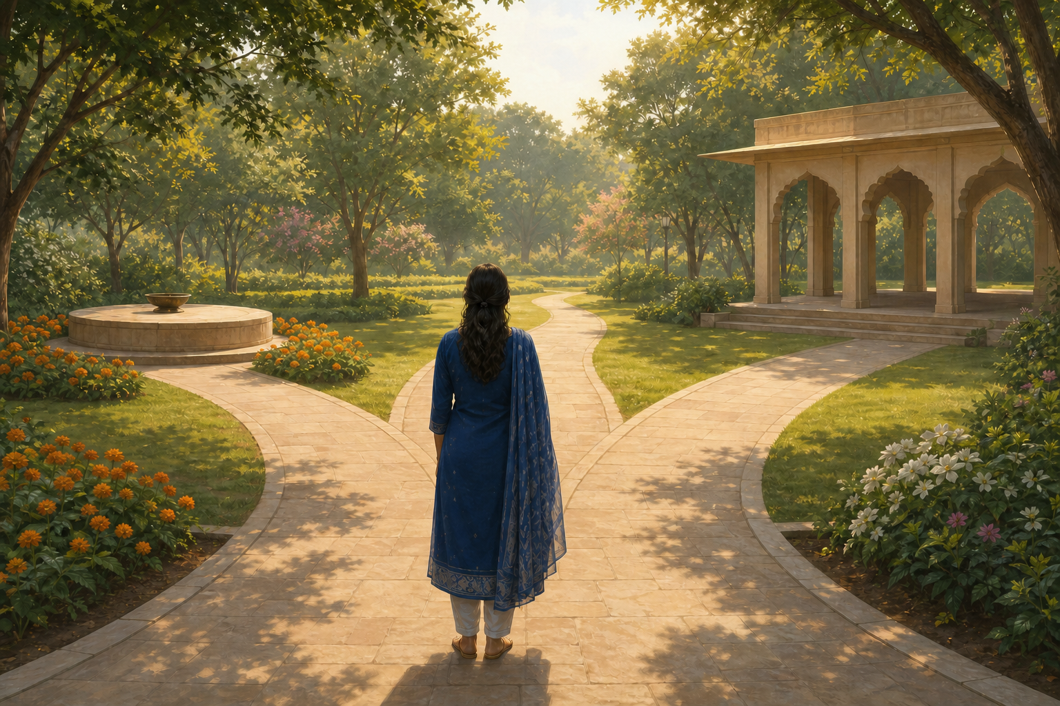 A woman stands in an open courtyard facing three unobstructed paths leading to two quiet contemplative spaces and a public garden.