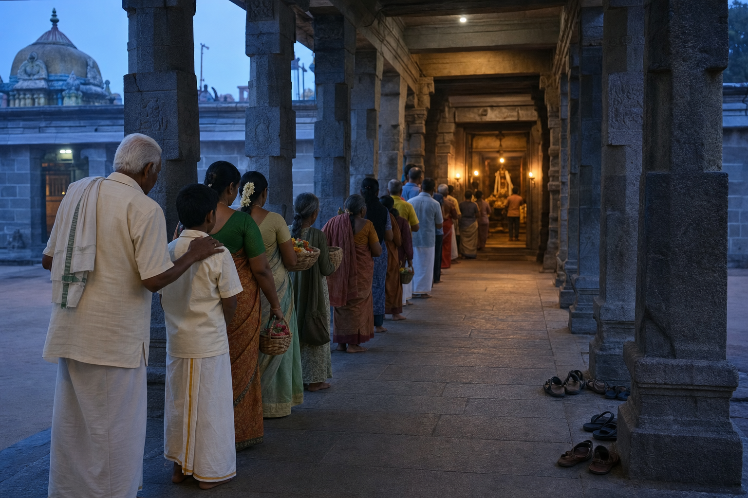 Barefoot pilgrims carrying flowers wait quietly for darshan in a lamp-lit granite corridor of a South Indian temple.