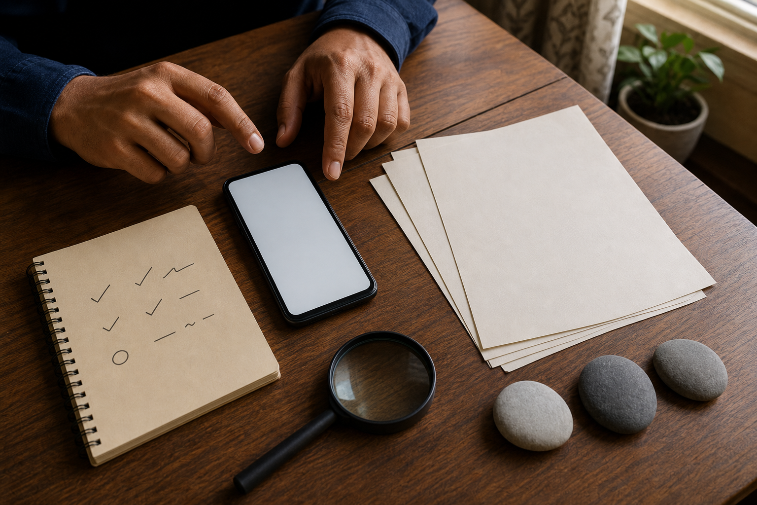Hands pause over a blank-screen smartphone beside a magnifying glass, unmarked papers, a notebook, and three arranged stones on a wooden table.