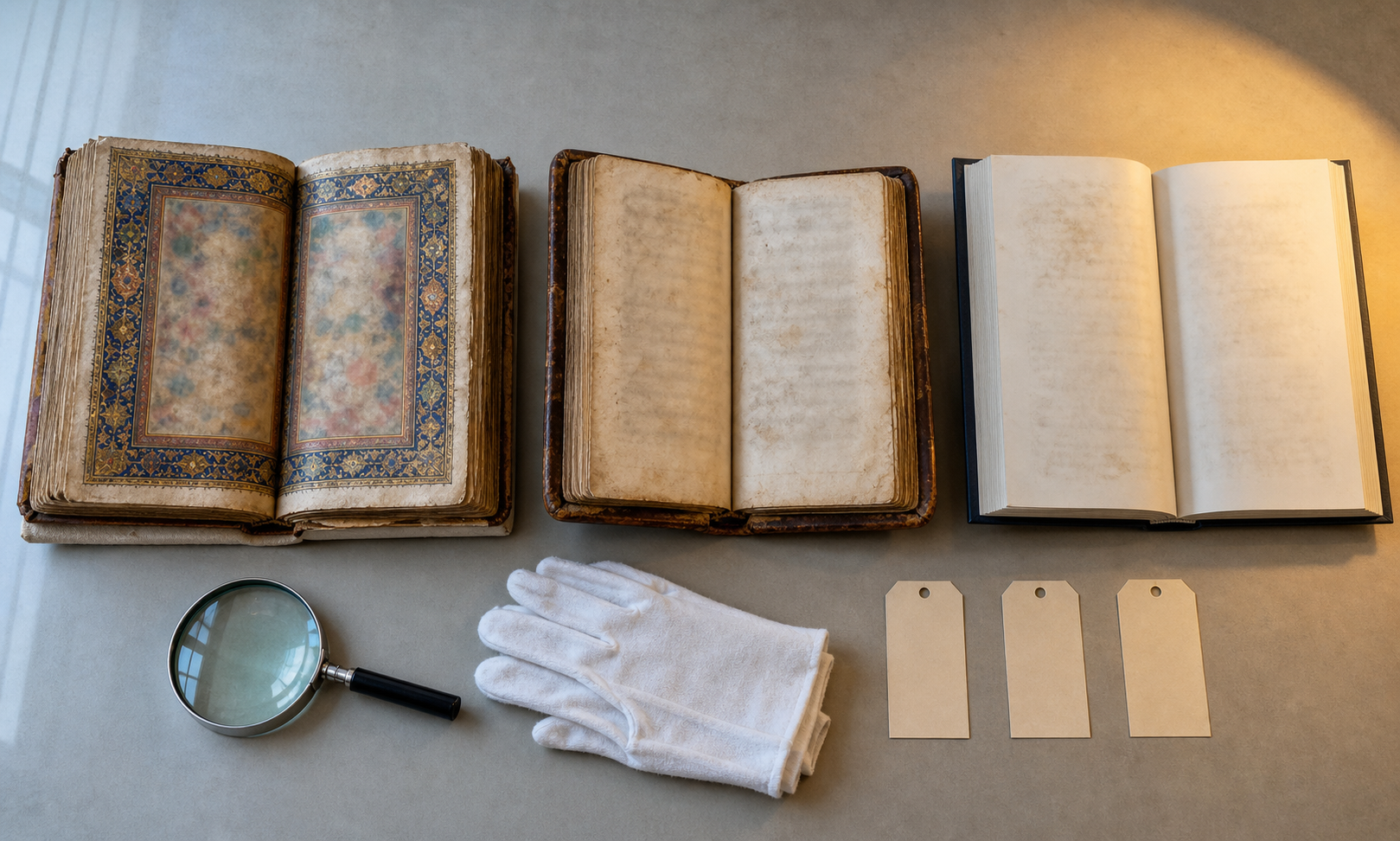 Three distinct manuscript and book editions lie side by side with archival handling tools on a reading table.