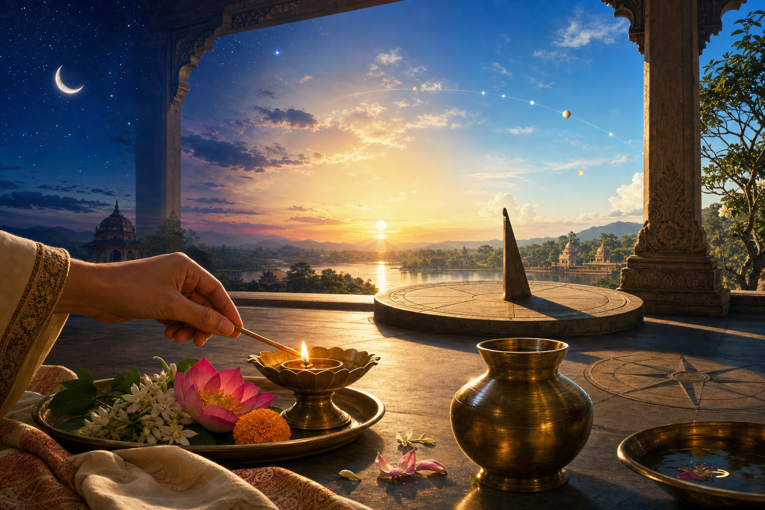 A hand prepares a prayer lamp beside an unnumbered timepiece as the moon fades and sunrise changes the light and shadows outside.