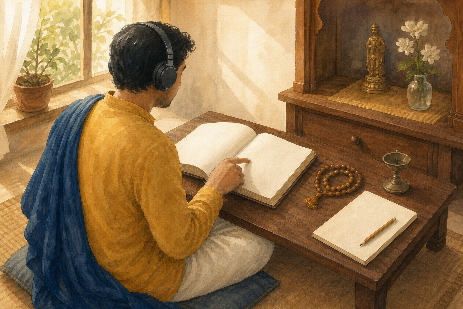 A practitioner wearing headphones follows an open sacred book at a low desk beside a notebook, prayer beads, and a brass lamp.