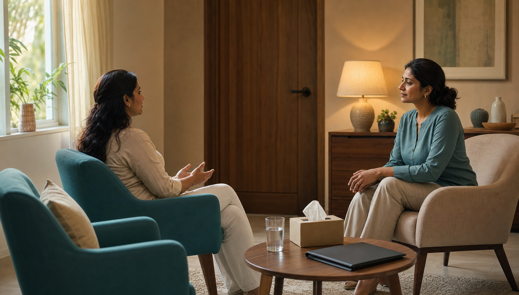 A woman speaks privately with a female support professional in a calm room with water, tissues, a closed folder, and an empty companion chair.
