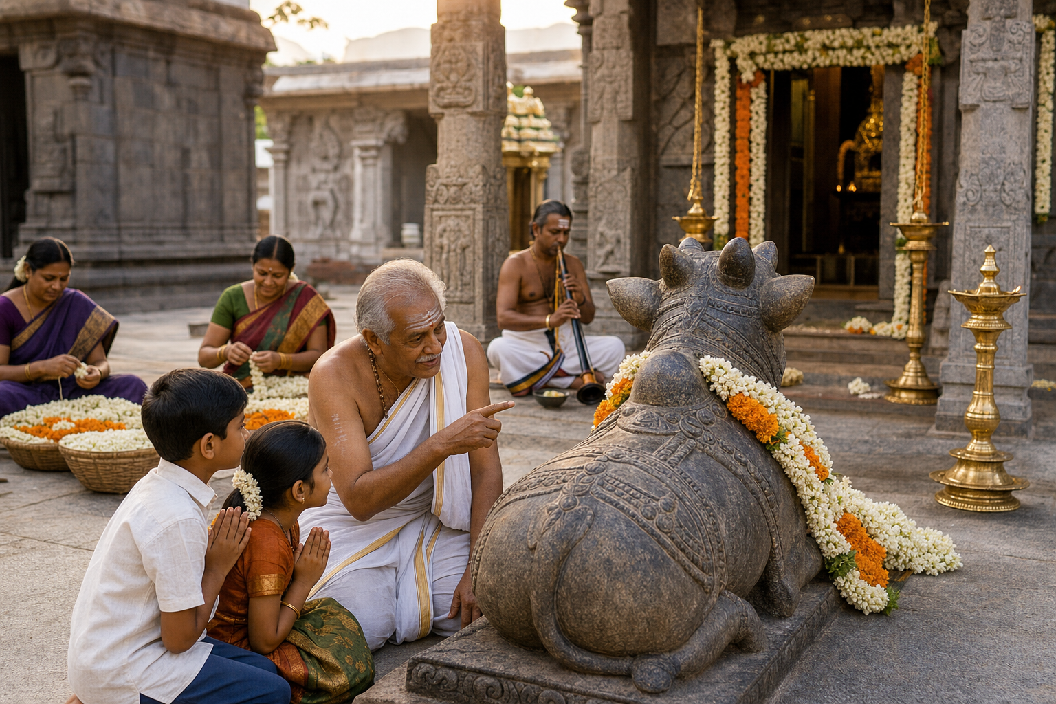 A grandparent shows two children a seated stone Nandi while devotees prepare flower garlands in a Tamil temple courtyard.