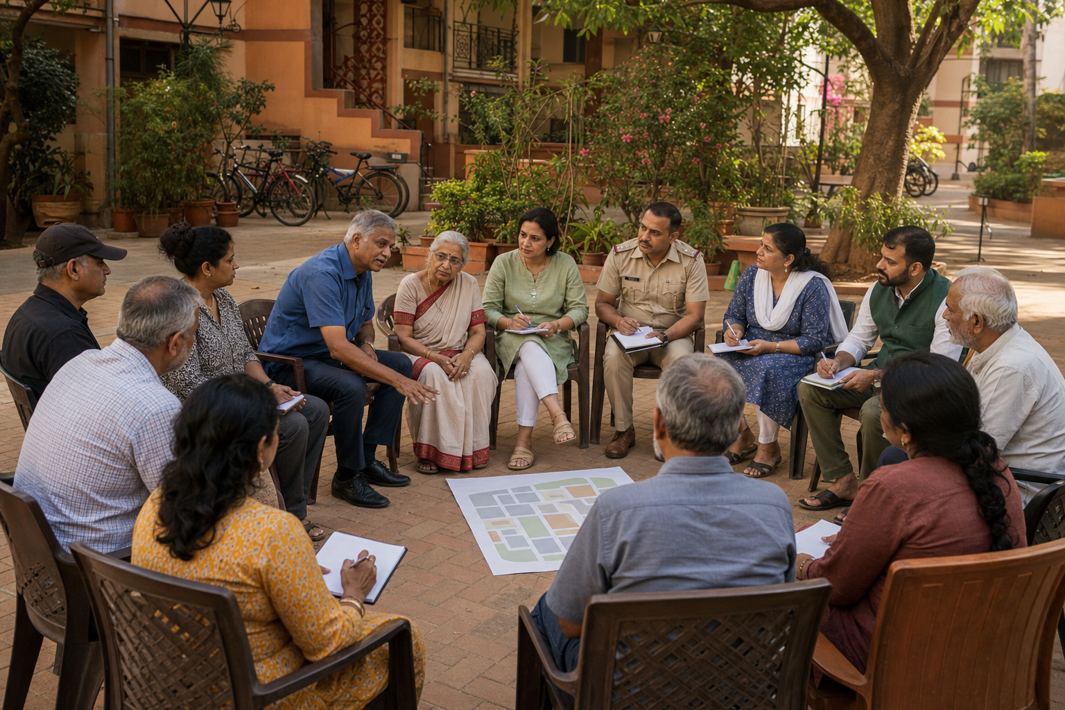 Residents, civic volunteers, and a police liaison sit in a circle for a calm neighbourhood meeting in a Bengaluru apartment courtyard.