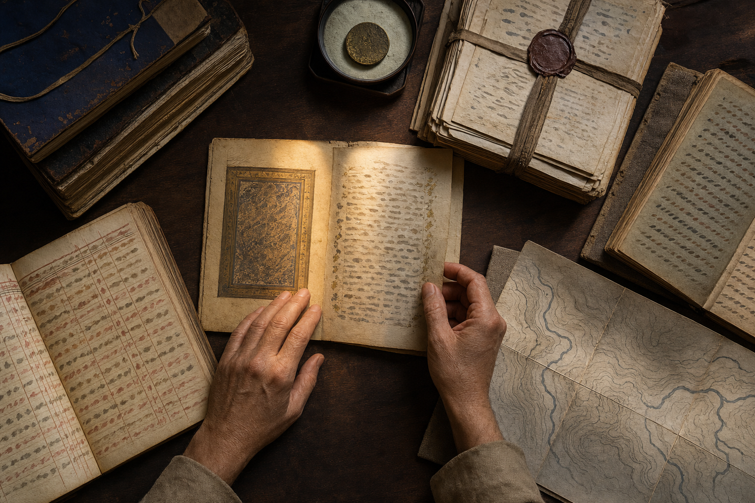 Manuscript folios, ledgers, dispatches, a coin, and an unlabeled map are arranged around a central comparison area in an archive.