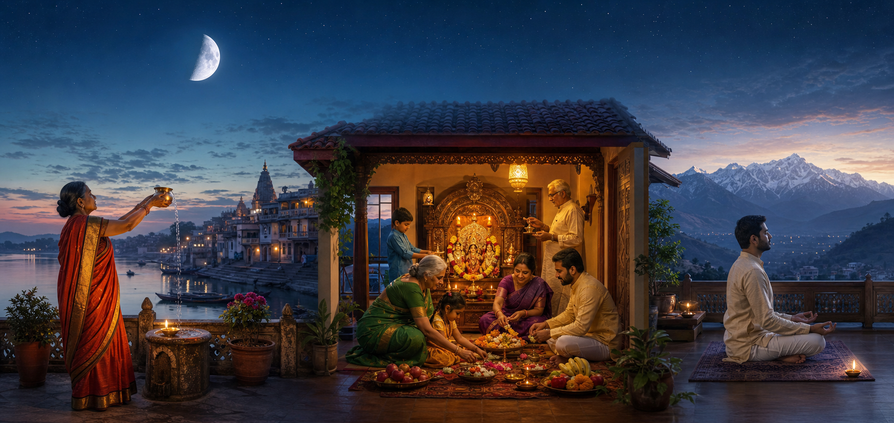 Three households perform different prayer and meditation practices beneath the same waning moon.