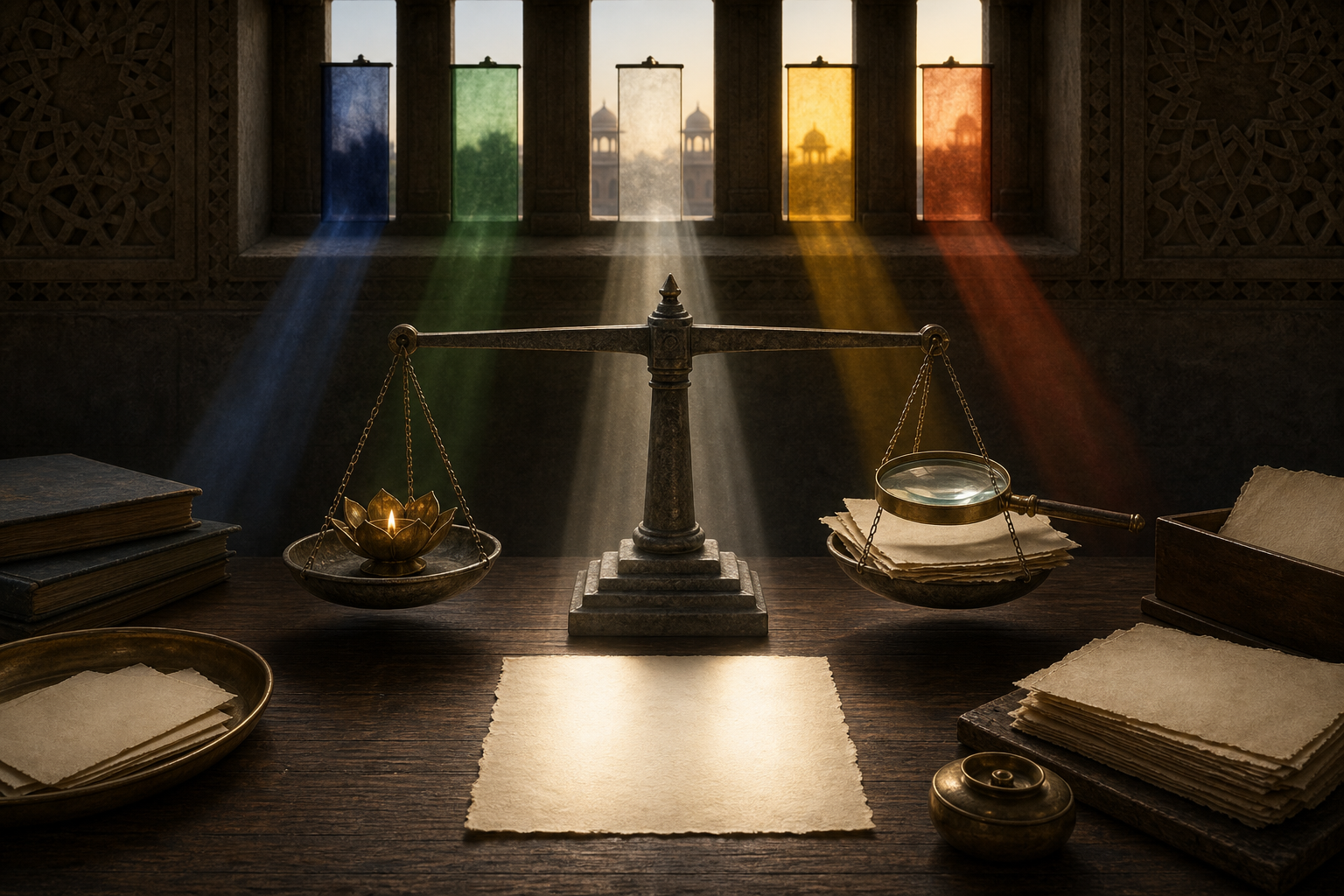 A level balance holds a bronze lotus-shaped lamp and a magnifying lens above archival fragments as filtered light converges on a blank sheet.