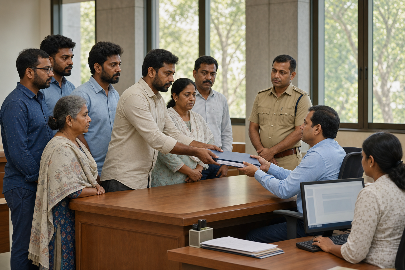 A resident delegation hands an evidence folder to a civil official in a public service office while staff and a police representative listen.