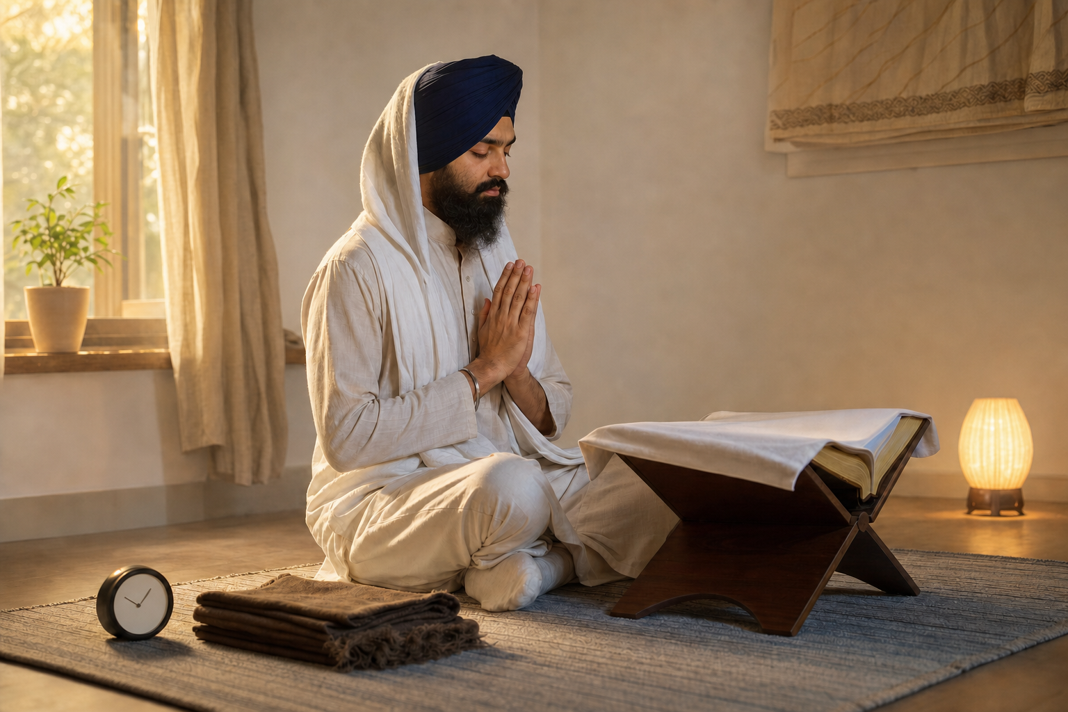 A Sikh practitioner with a covered head sits on a floor cushion beside a respectfully arranged devotional reading stand in soft morning light.