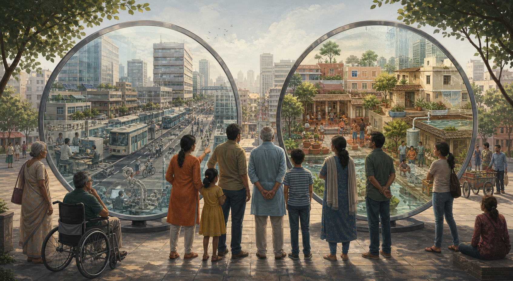 People in a public square look through two transparent optical frames that reveal different but overlapping features of the same urban landscape.