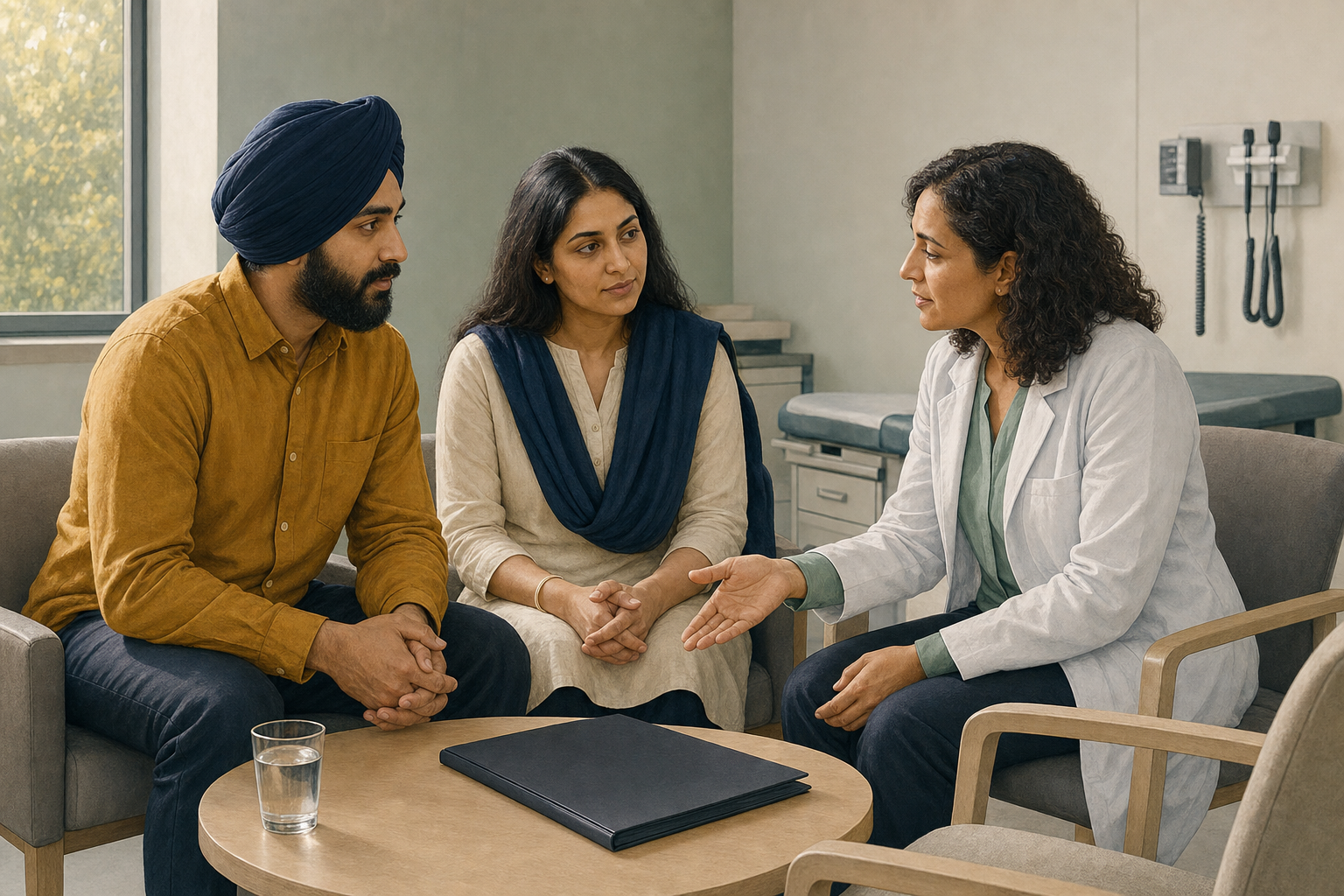 Two Sikh adults sit with a physician-researcher during an unhurried clinical trial consultation in a modern clinic.