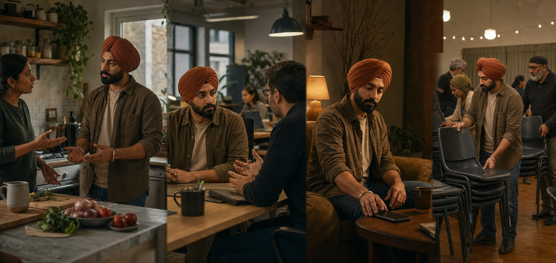 A Sikh adult pauses during tense and distracting everyday moments, listens to another person, and quietly helps stack community chairs.