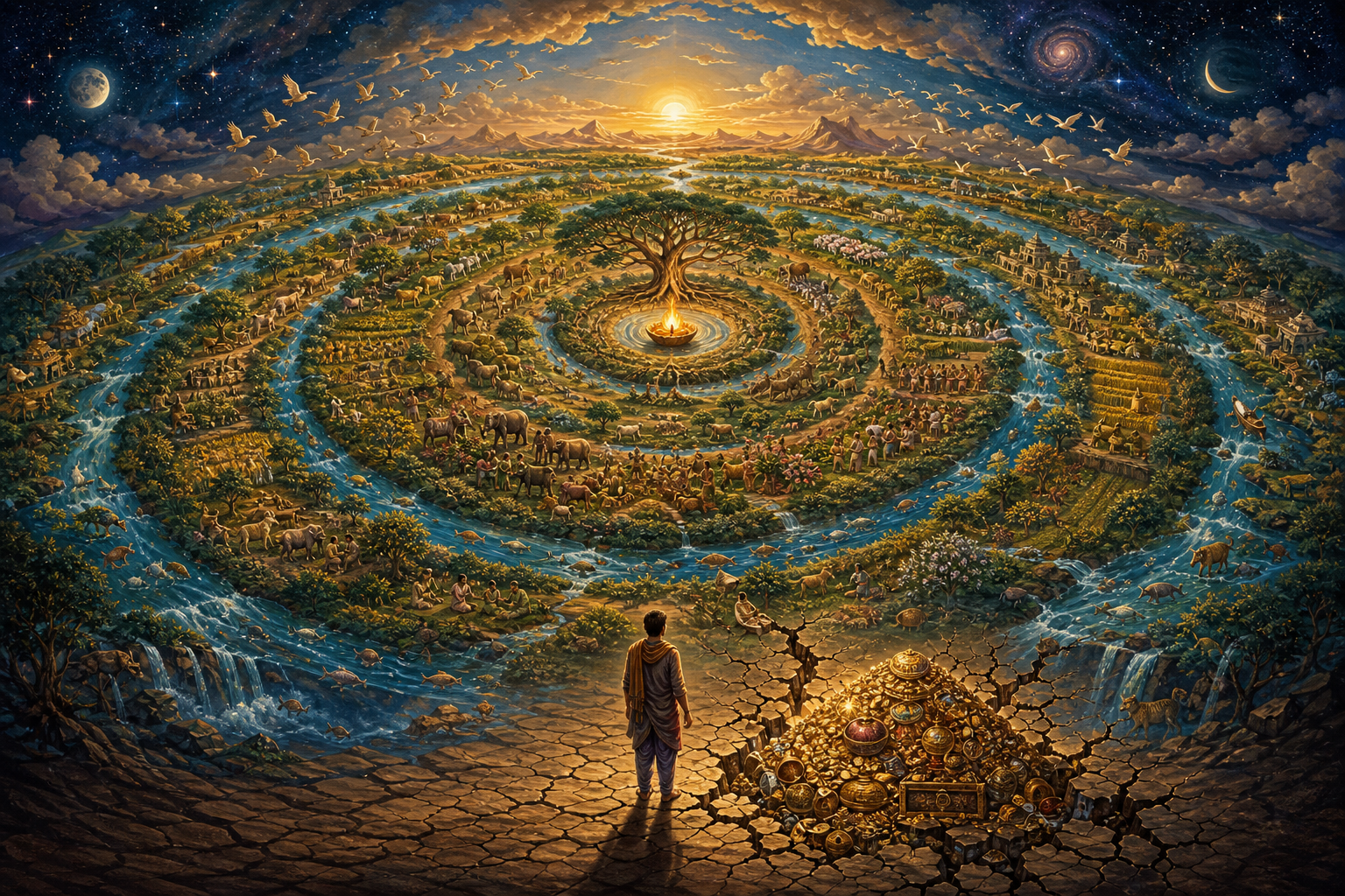 A person stands between a glittering mound of possessions and a luminous cosmic pattern connecting rivers, trees, animals, farms, communities, and stars.