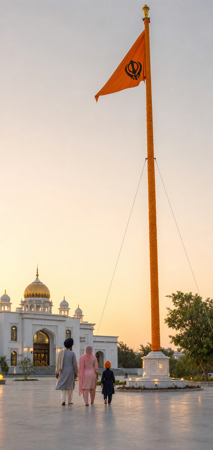 A saffron Nishan Sahib flies from a tall fabric-wrapped pole beside a gurdwara as a family approaches through the clean courtyard.