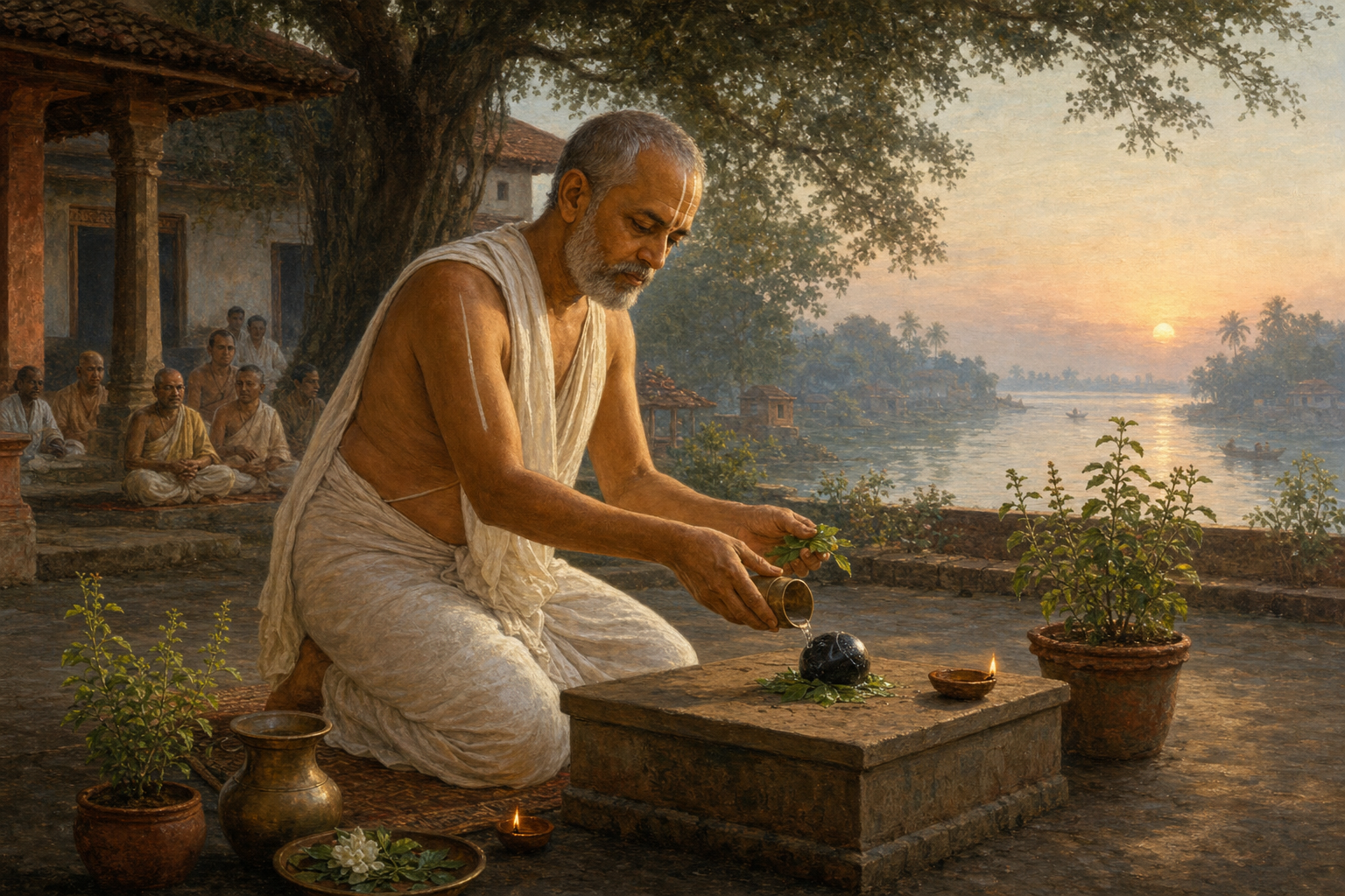 Advaita Acarya offers tulasi leaves and Ganges water to a shalagrama stone in a riverside courtyard at Shantipur.