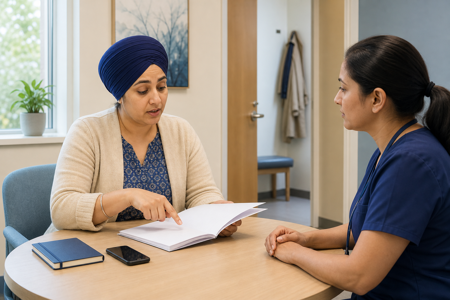A Sikh woman reviews consent papers and asks a research nurse a question in a private clinic room.