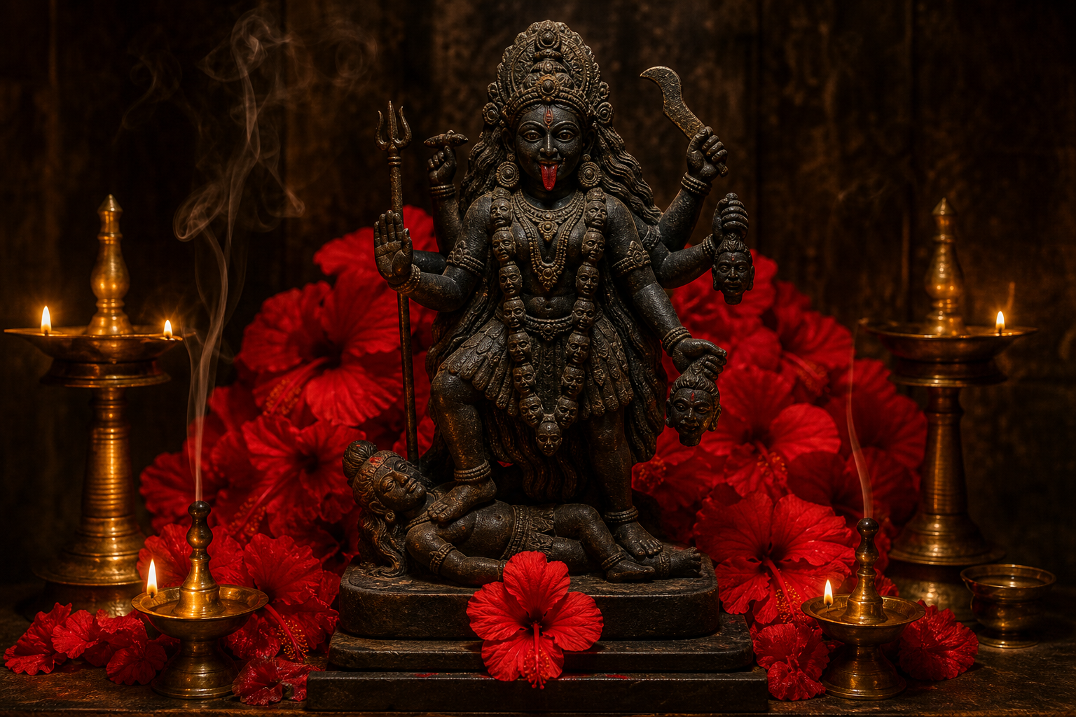 A dark stone murti of Goddess Kali on an altar surrounded by red hibiscus flowers, glowing brass lamps, and incense smoke.