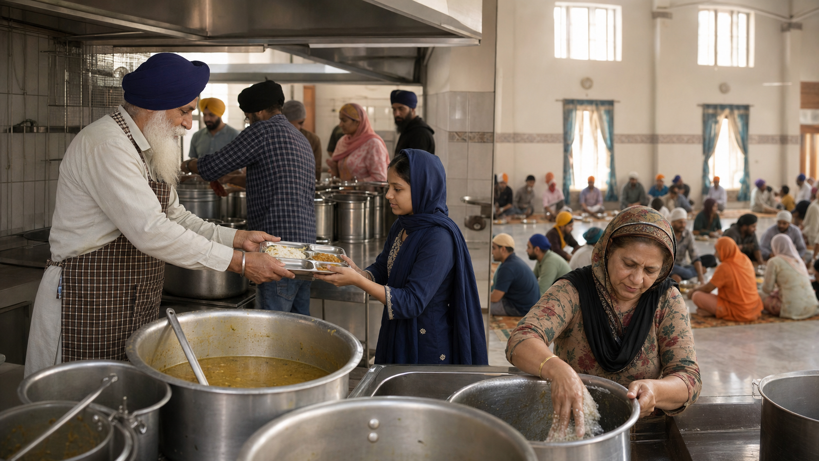 Head-covered volunteers of different ages prepare and serve a communal meal together in a bright Sikh community kitchen.
