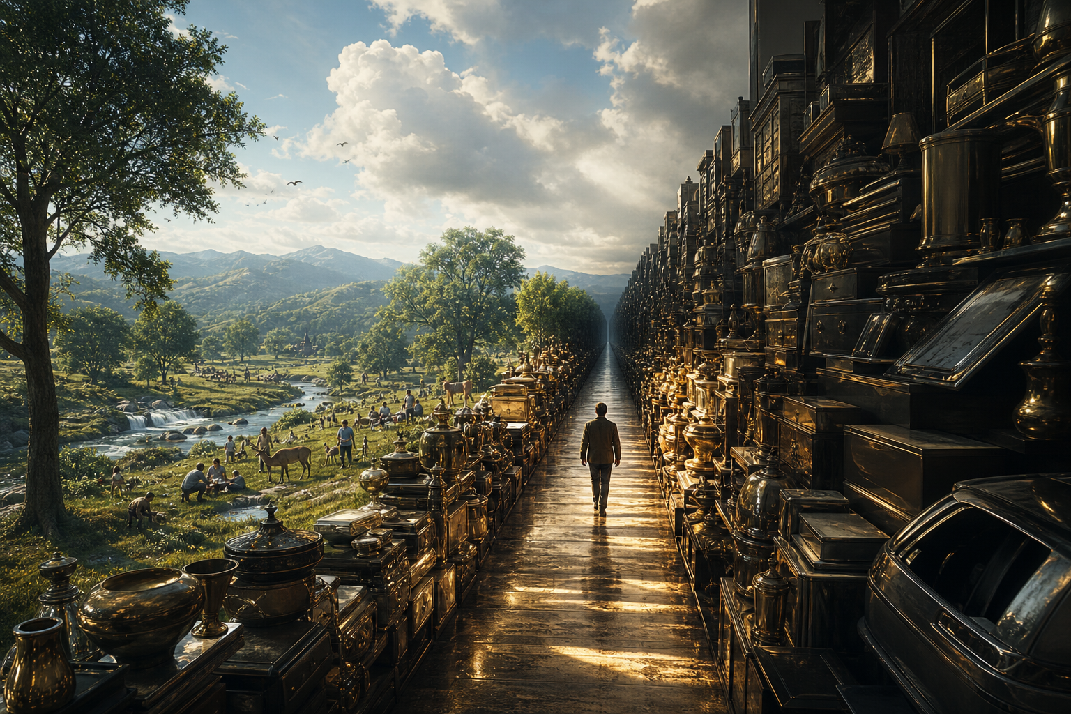 A person follows glittering possessions into a dark, narrowing corridor while a spacious landscape with people, trees, animals, and water remains behind.