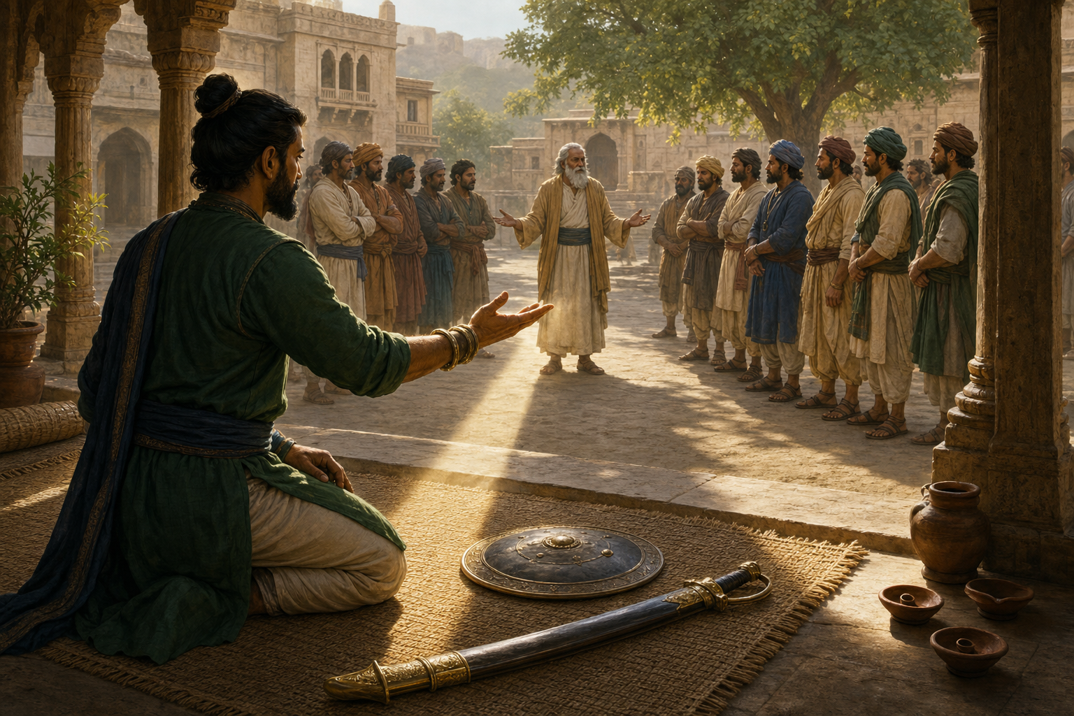 A kneeling protector offers an open hand beside an unused shield and sheathed sword while a mediator stands between two groups in a courtyard.