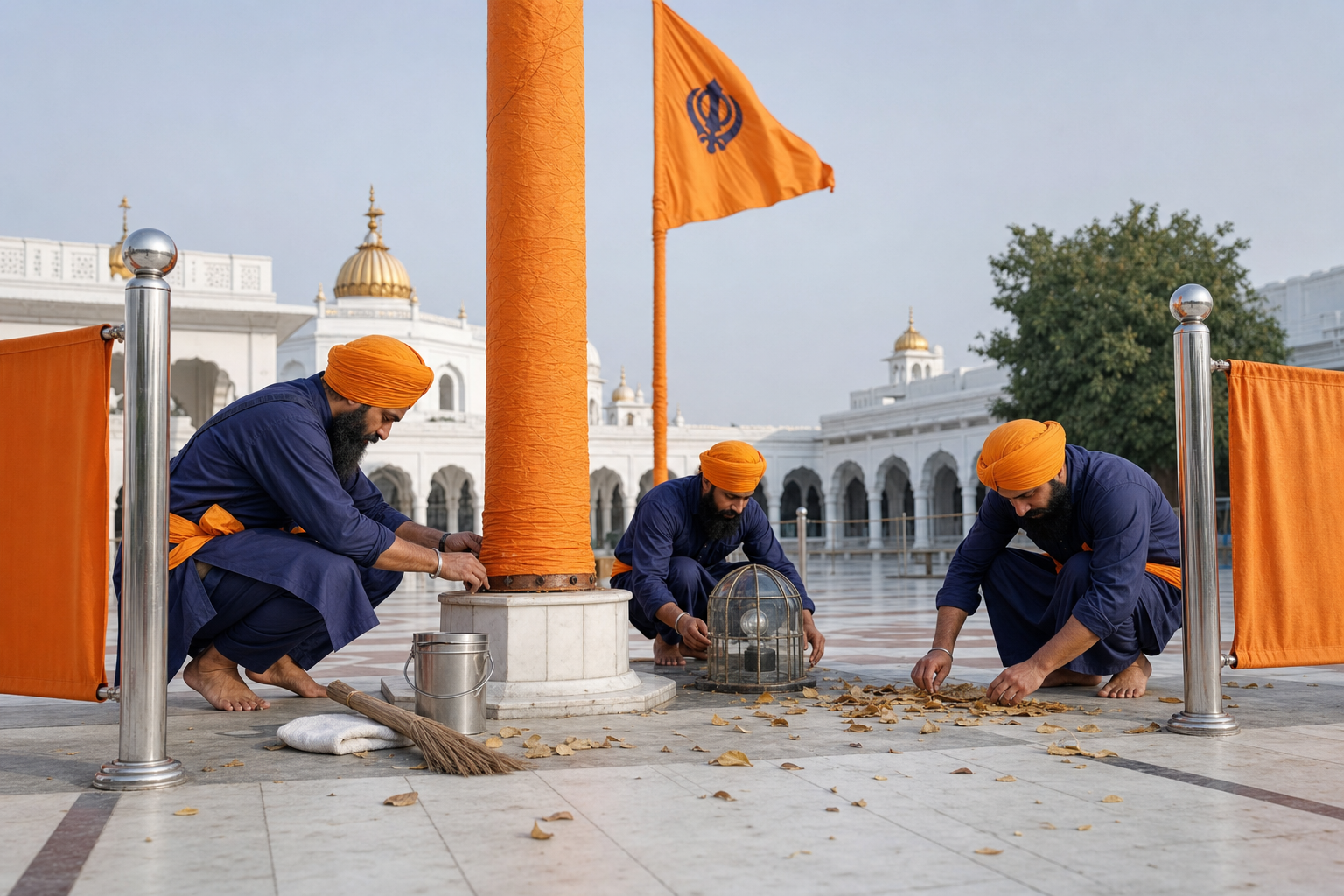 Three sevadars inspect the Nishan Sahib pole base, exterior light, and surrounding courtyard from ground level.