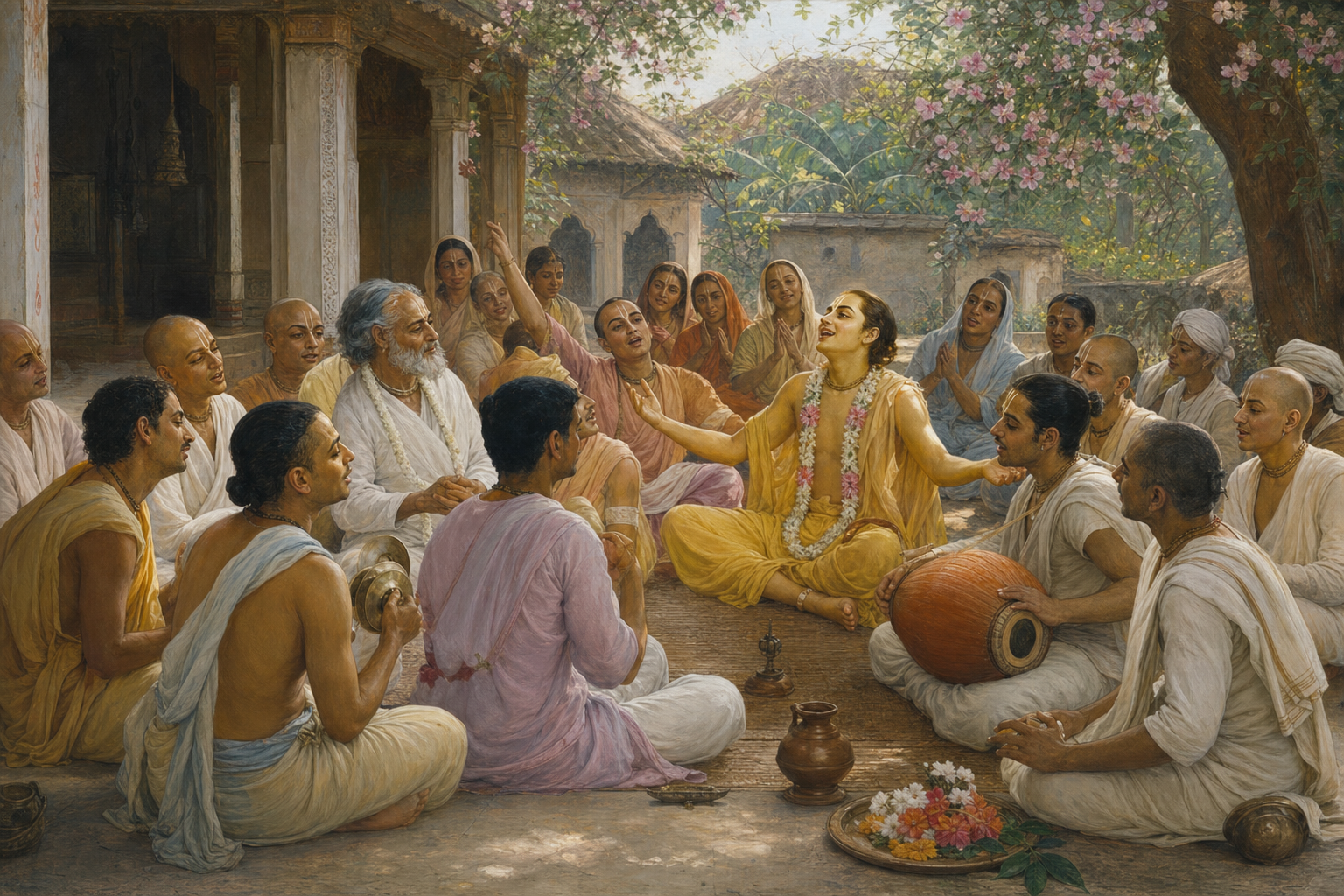 Advaita Acarya joins Sri Caitanya and other Vaishnava devotees in congregational singing in a Bengal courtyard.