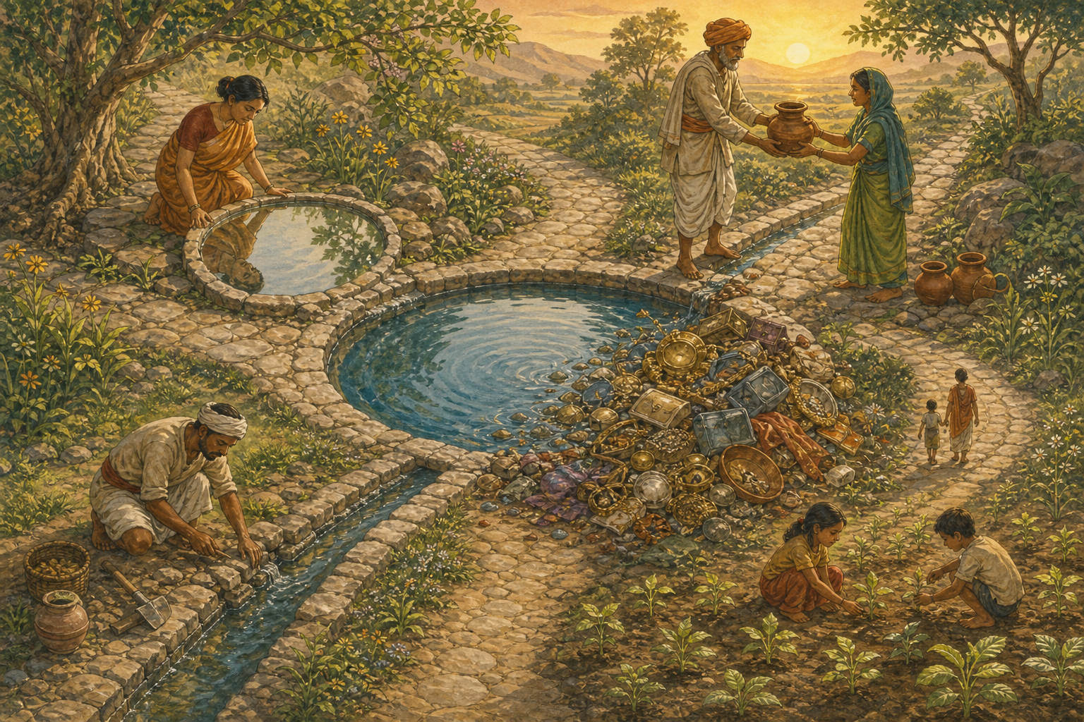 Four curved paths with scenes of reflection, shared water, repairing an irrigation channel, and nurturing seedlings converge on a pool threatened by excess goods.