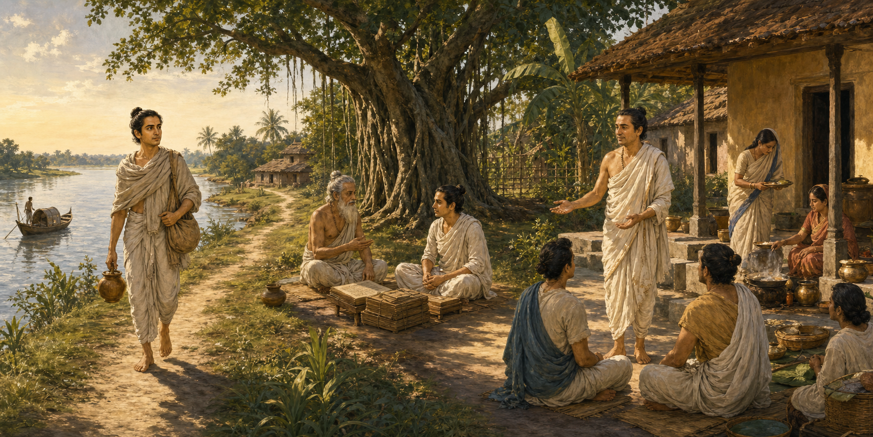 A continuous narrative illustration shows Advaita Acharya as a pilgrim, a student with an elder teacher, and a householder serving guests and pupils.