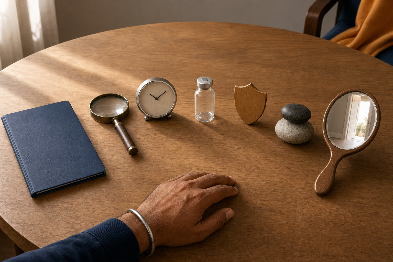 Seven unmarked objects representing trial details, time, treatment, safety, fairness, and the freedom to leave are arranged on a consultation table.