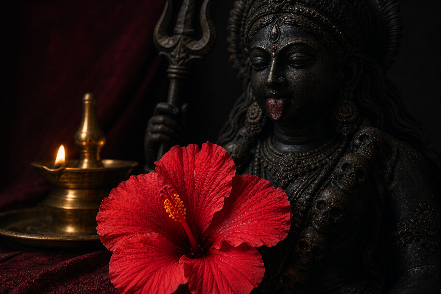 A brightly lit red hibiscus rests before a dark sculpted image of Kali beside a small brass oil lamp.
